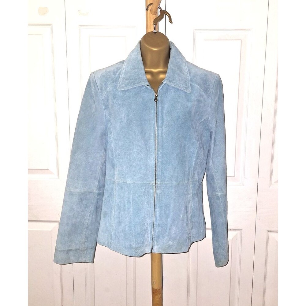 Relativity Light Blue Suede Leather Jacket Zip Front Collared Womens Sz XL Lined
